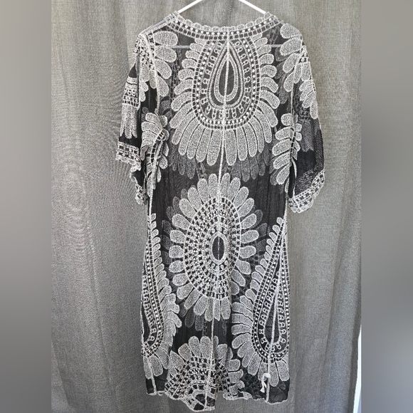 Casa B Sheer Black Lace Tie Up Embroidered Kimono Beach Cover Up One Size - Picture 2 of 4